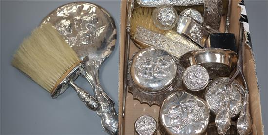 A collection of assorted mainly 20th century Reynolds Angels silver dressing table items including toilet jars, brushes etc.